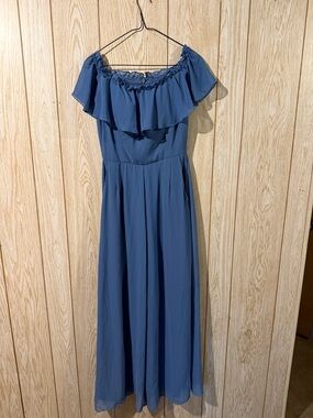 Off-Shoulder Blue Maxi Jumpsuit with Ruffle Neckline
